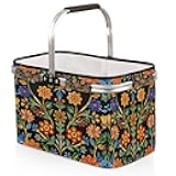 Mexican Fiesta Picnic Basket Mexico Flower Collapsible Shopping Basket with Handle Reusable Large Market Basket for Travel, Picnic, Beach