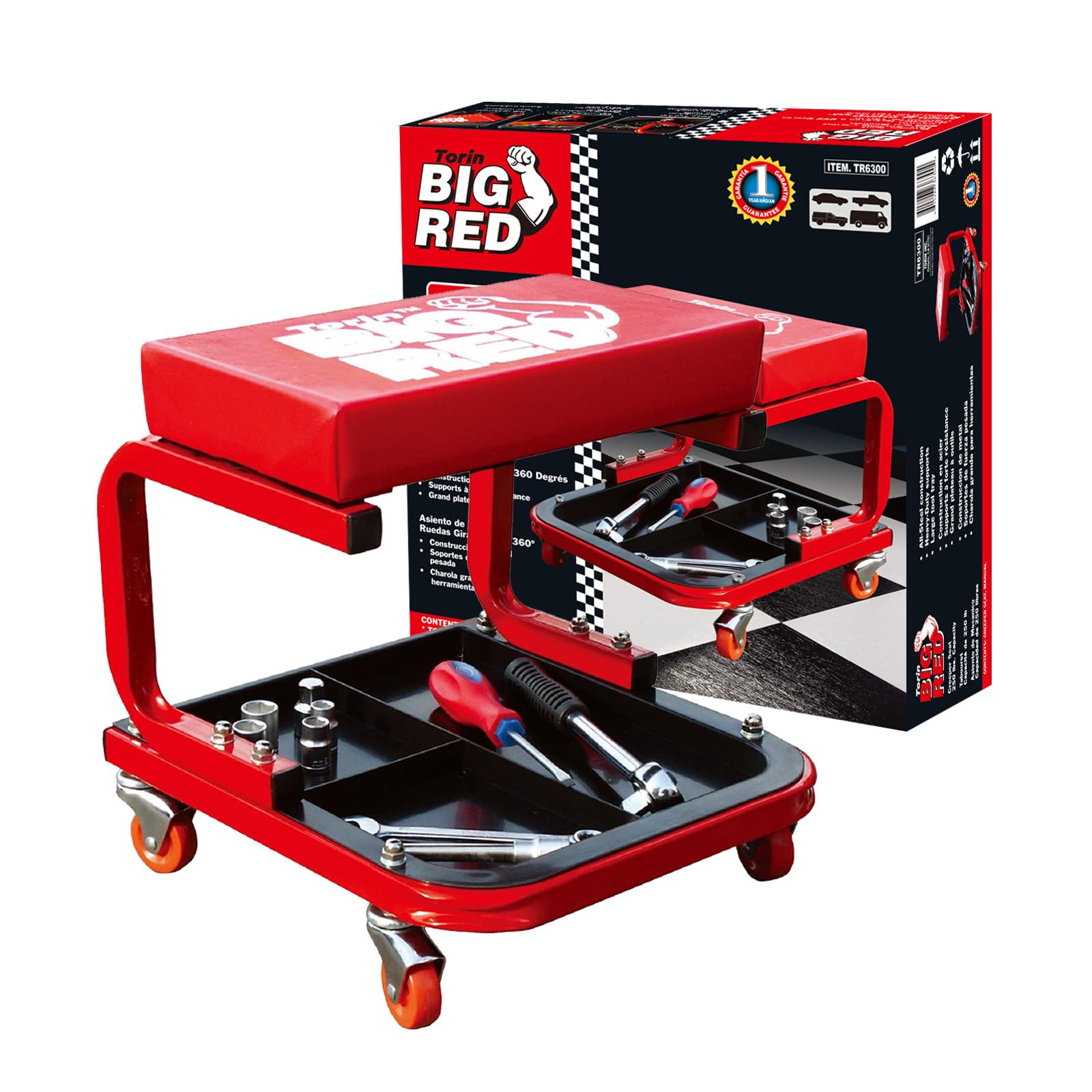 Big RED Torin 260lbs Red Rolling Automotive Creeper Garage/Shop Seat: Padded Mechanic Stool with Tool Large Tray for garages, Repair Shops