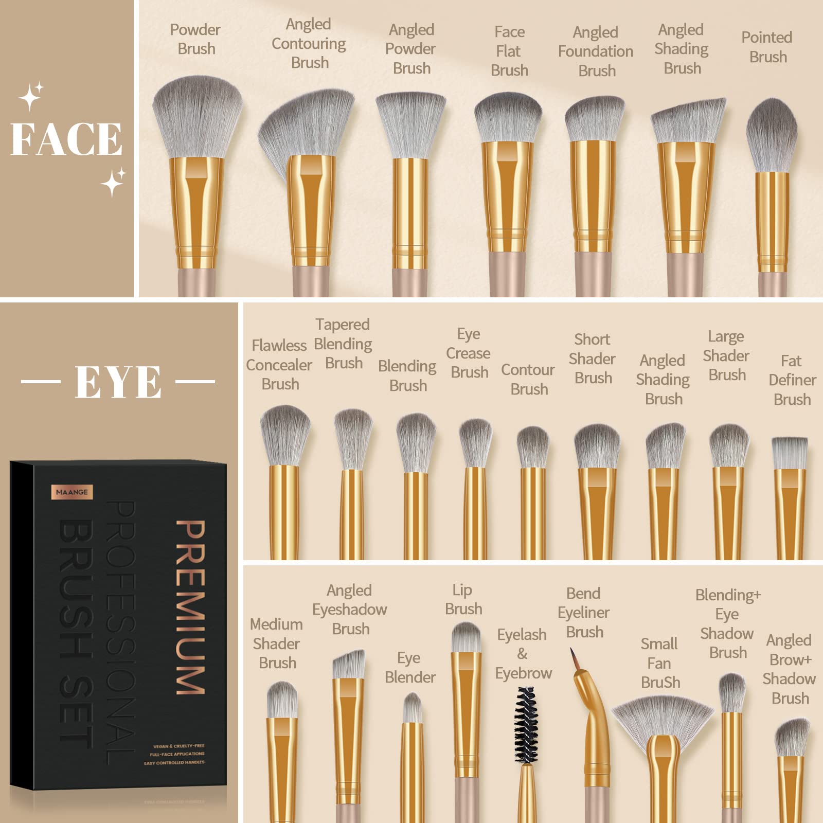 Set de pinceaux de maquillage, 25 pinceaux professionnels pour le maquillage, fond de teint, visage, yeux, lèvres, pinceau pour fard à paupières, set avec boîte cadeau noire