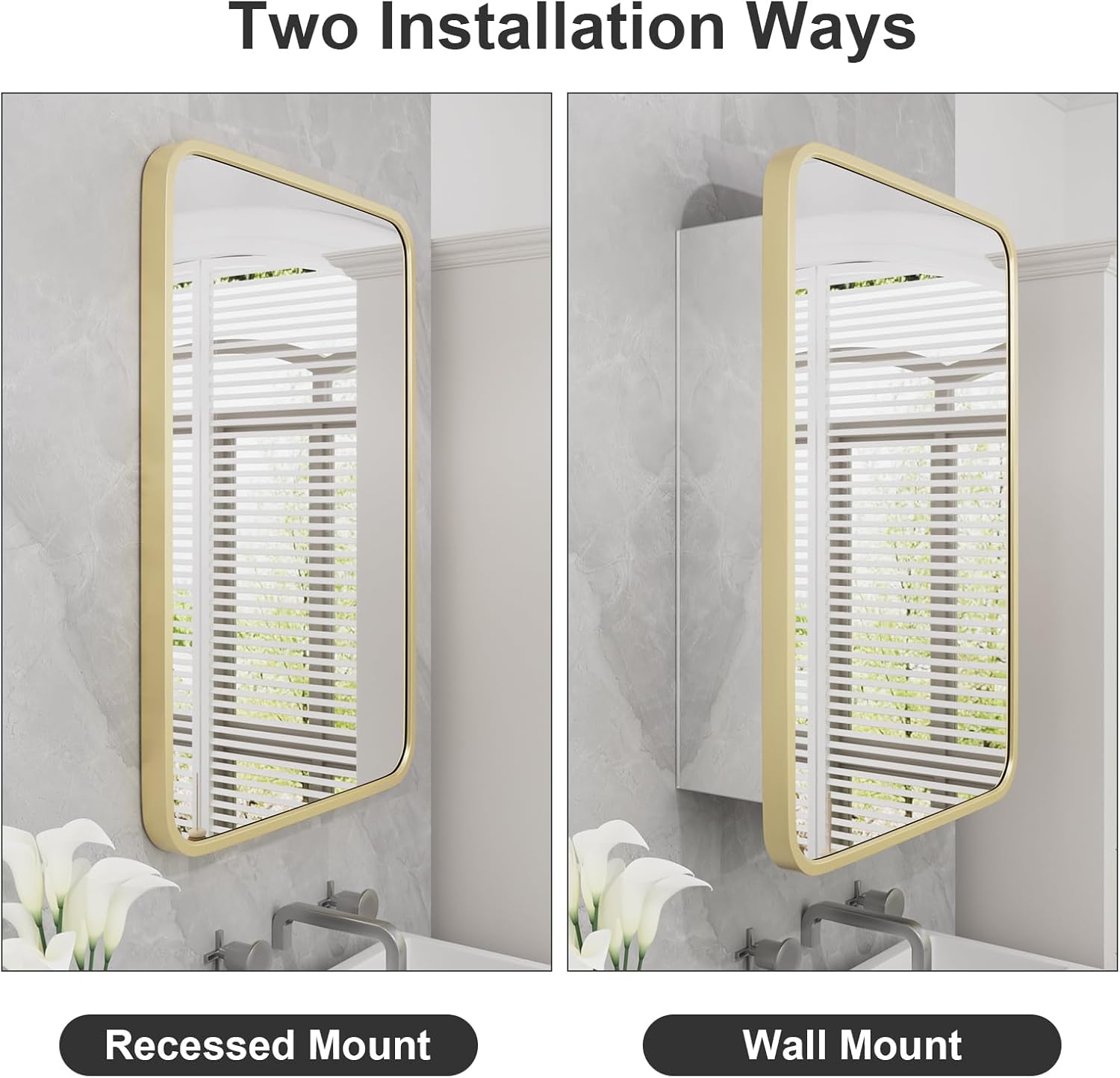 HOMECOOKIN Farmhouse Gold Metal Framed Recessed Bathroom Medicine Cabinet with Beveled Mirror Rounded Rectangle Bathroom Medicine Cabinet 16x24 inch