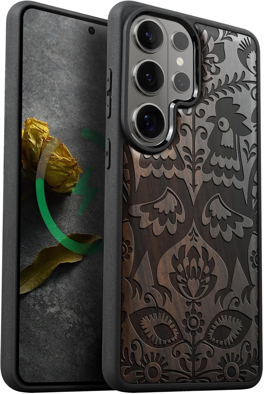 Carveit Magnetic Wooden Case for Samsung Galaxy S26 Ultra Case 2026, TPU Shockproof Cover & Wood Artisan Engraved, Compatible with MagSafe Wireless Chargers (Polish Floral Roosters) Blackwood