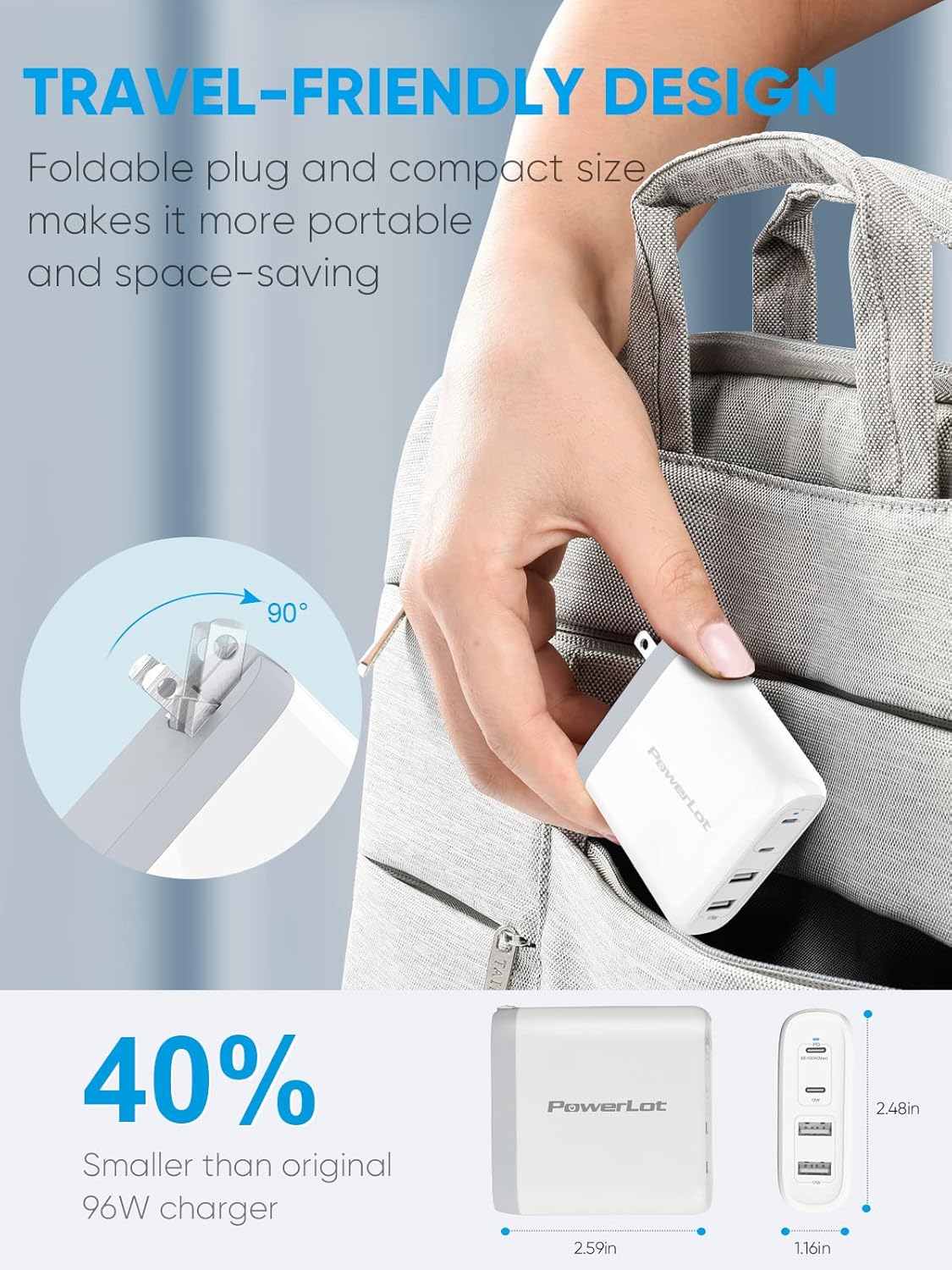PowerLot 100W GaN USB-C Wall Charger With 2 C Ports (65W+18W) & A Port (17W), Travel Laptop Charger for MacBook Pro, iPad, iPhone 14/13/12 Pro/Max, Dell XPS