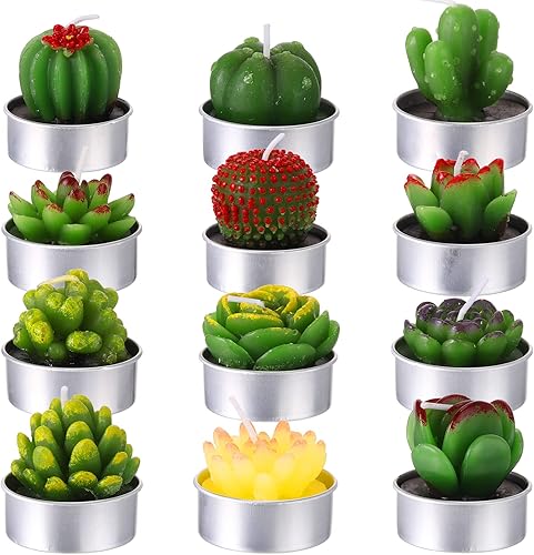 TecUnite 12 velas de cactus hechas a mano, delicadas velas de cactus suculentas, sin humo, velas de plantas para decoración del hogar, cumpleaños,