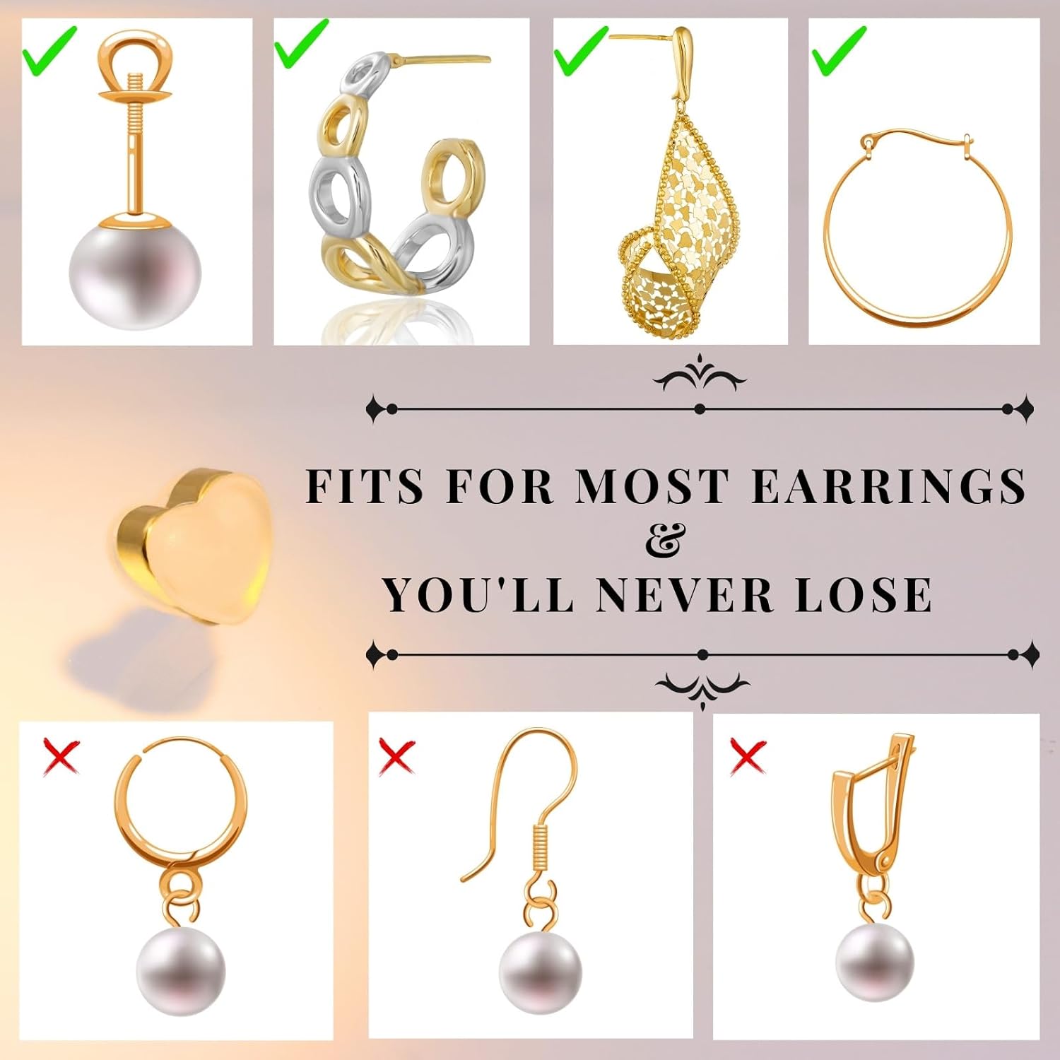 Silicone Flat Earring Backs for Studs, Clear Comfort Design, 14K Real Gold Plated Pack of 12 - Heart Shape - Image 5