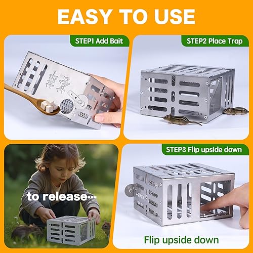 Miniatura 3 de Trampas humanitarias para ratones pequeños, trampa de metal reutilizable para atrapar y liberar en vivo, segura para niños y mascotas, fácil de usar