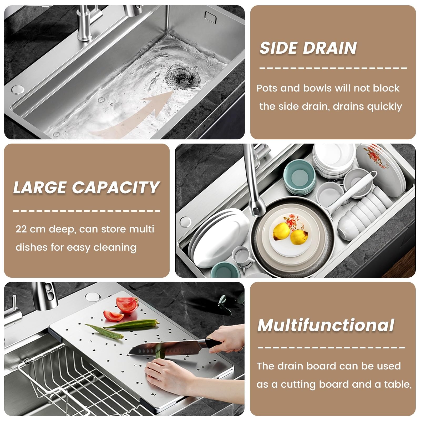 Fregadero de 65 x 50 cm de acero inoxidable 304, con sifón, escurridor, tabla de cortar, lavabo pequeño, fregadero de cocina grande y moderno, 1 lavabo, empotrable/instalación desde arriba