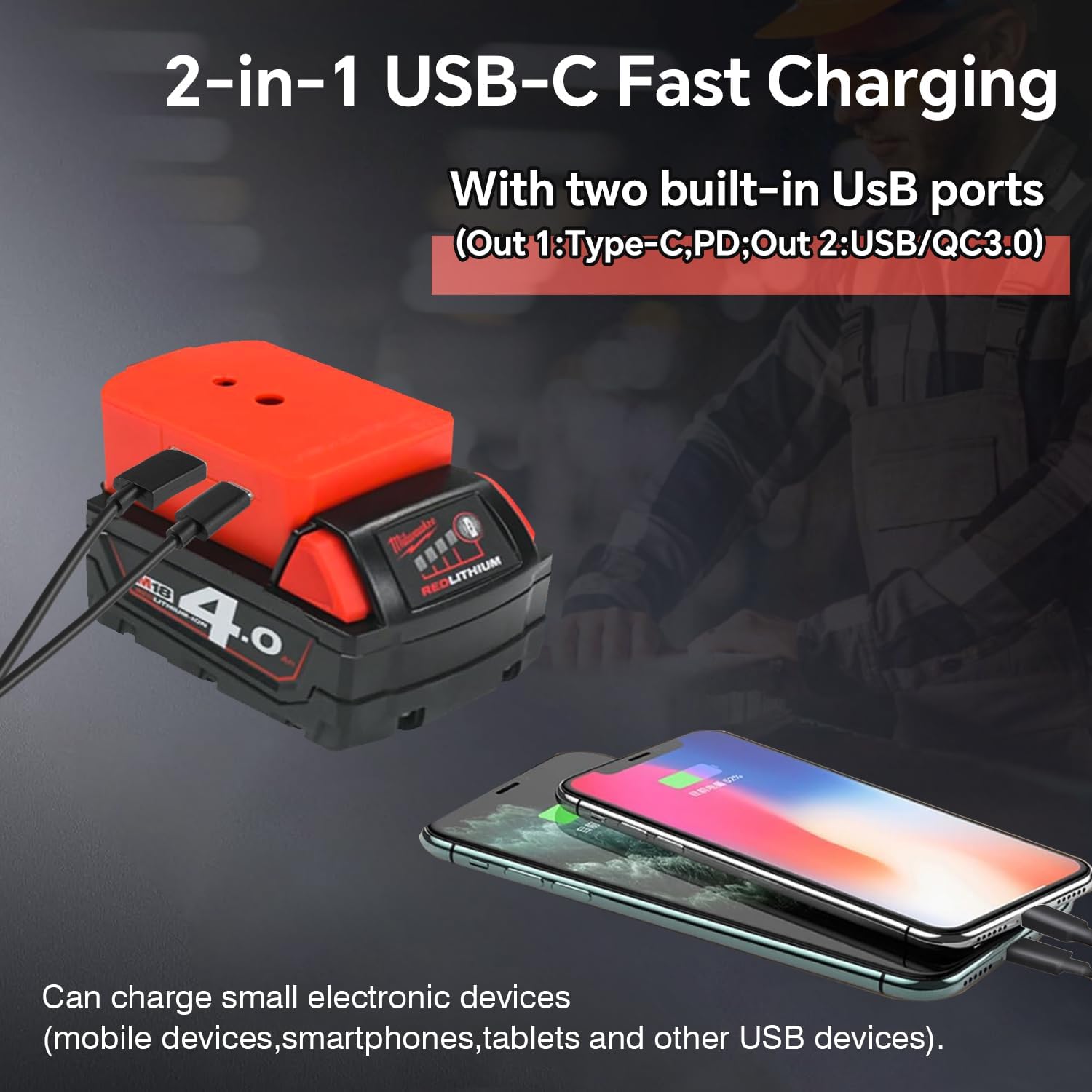 USB Charger Adapter for Milwaukee 18V Battery, biuonga 2 Pack Fast Charging Adapter for M18 Battery with USB Type-C Interface DC 5V/3A, 9V/2.22A PPS 3.3V-11V/2A,12V/1.5A (Adapter Only) - Image 3