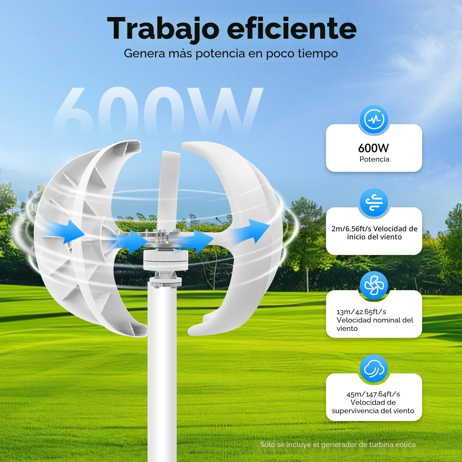 Aerogenerador de 600 W, aerogenerador con farol blanco, aerogenerador vertical de 5 aspas, adecuado para uso doméstico, de supervisión y en embarcaciones.