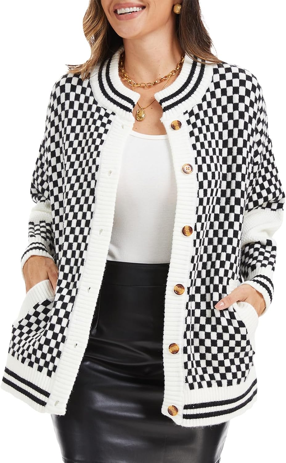 Women Checkered Knit Cardigan Open Front Long Sleeve Plaid Checkerboard Chunky Sweater Outwear with Pockets - Image 3