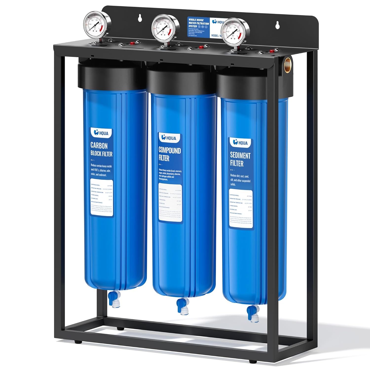 HQUA WF3-02 3-Stage Free-Standing Whole House Water Filtration System, Reduces Heavy Metals (Lead, Mercury, Copper, Nickel, Chromium), Chloramine, Sediment, Odor, and VOC’s product image