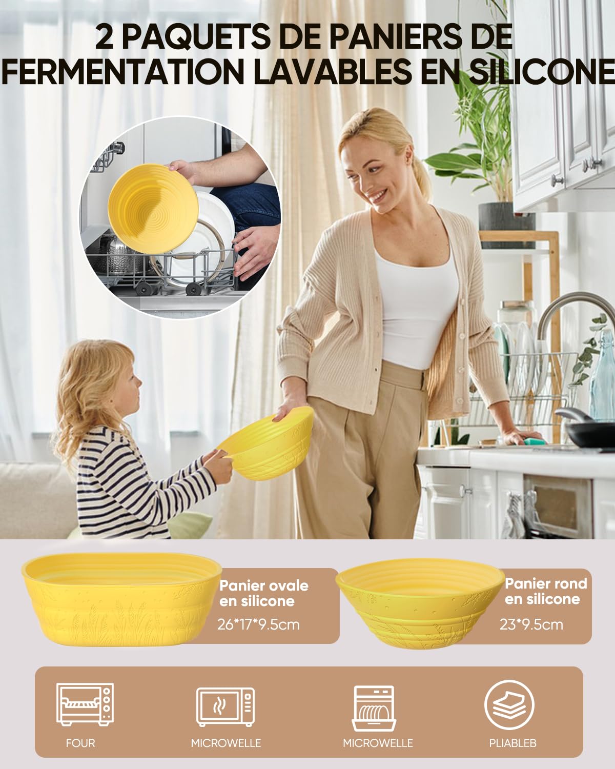 Banneton pour Pain,2 Corbeille a Pain set en Silicone Ovale et Rond,1000ml Bocal de Fermentation,Kit de Démarrage de Sourdough