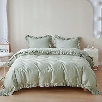 Simple&Opulence Kids 100% Organic Cotton Duvet Cover with Ruffle 68 x 86-2 PCS High End Floral Frill Lace Bedding, Romantic Cottagecore Style Comforter Cover with 1 Pillowcase, Sage Green, Twin
