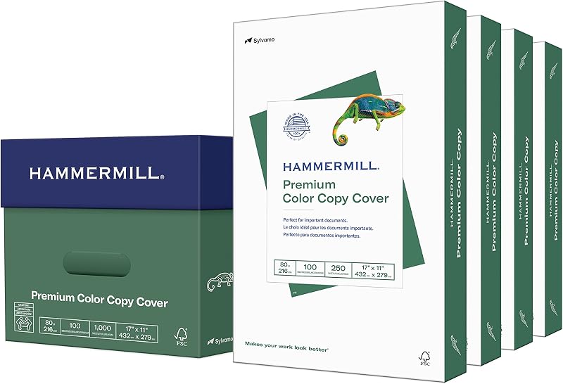 Cartulina para molino de martillos, copia de color premium, 80 lb, paquete de 11 x 17-4 (1000 hojas) - 100 brillantes, cartón hecho en los EE. UU., 120037C, blanco