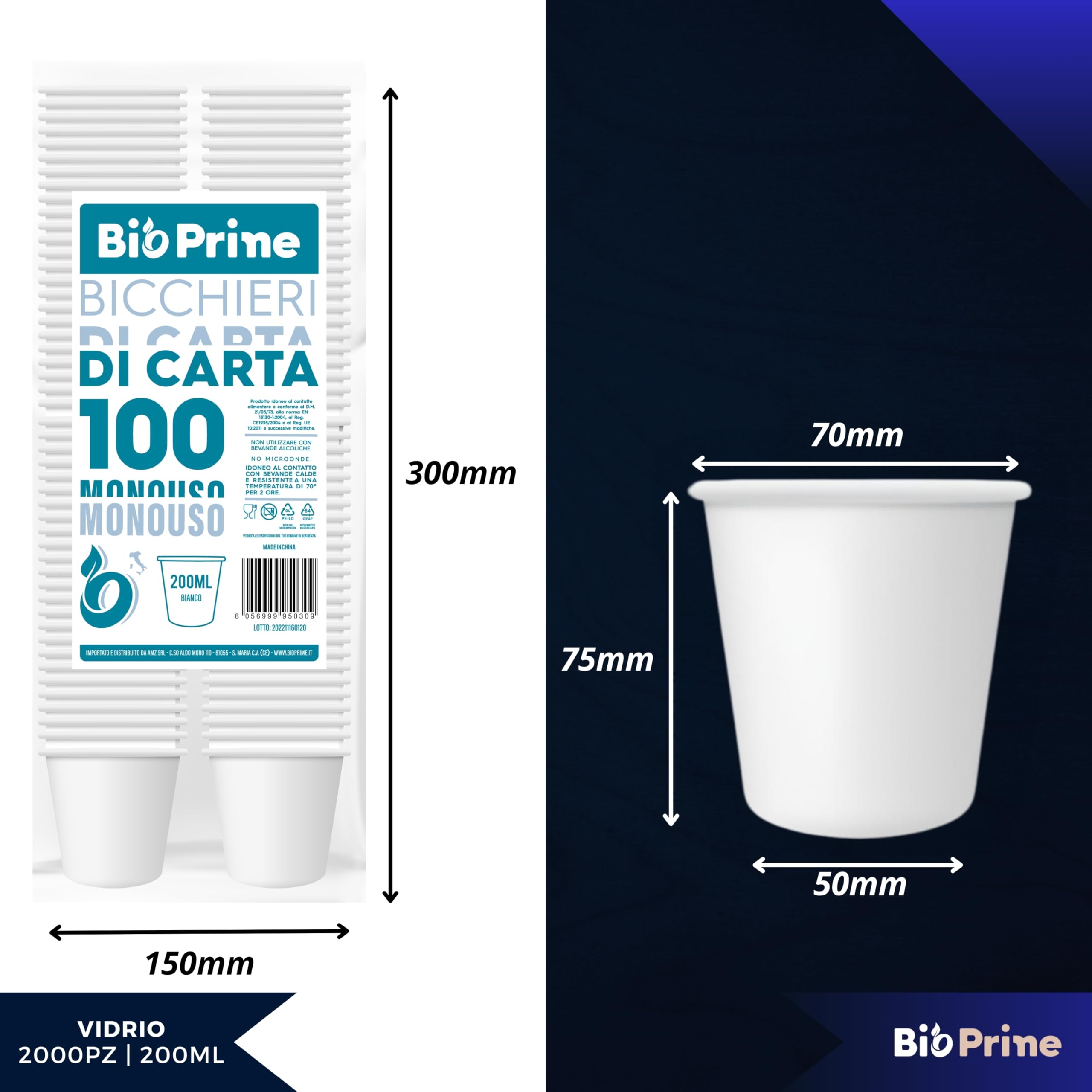 2000 unidades - Vasos de agua de papel de 200 ml - Vasos de 200 ml biodegradables - Para bebidas calientes, agua y bebidas - Vasos desechables