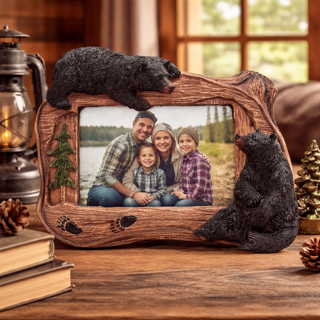 Wowser Black Bear Picture Frame – Rustic Cabin Tabletop Photo Frame, Holds 4x6 Inch Landscape Photo, Woodland Lodge Home Décor, 7.25 Inch Decorative Frame