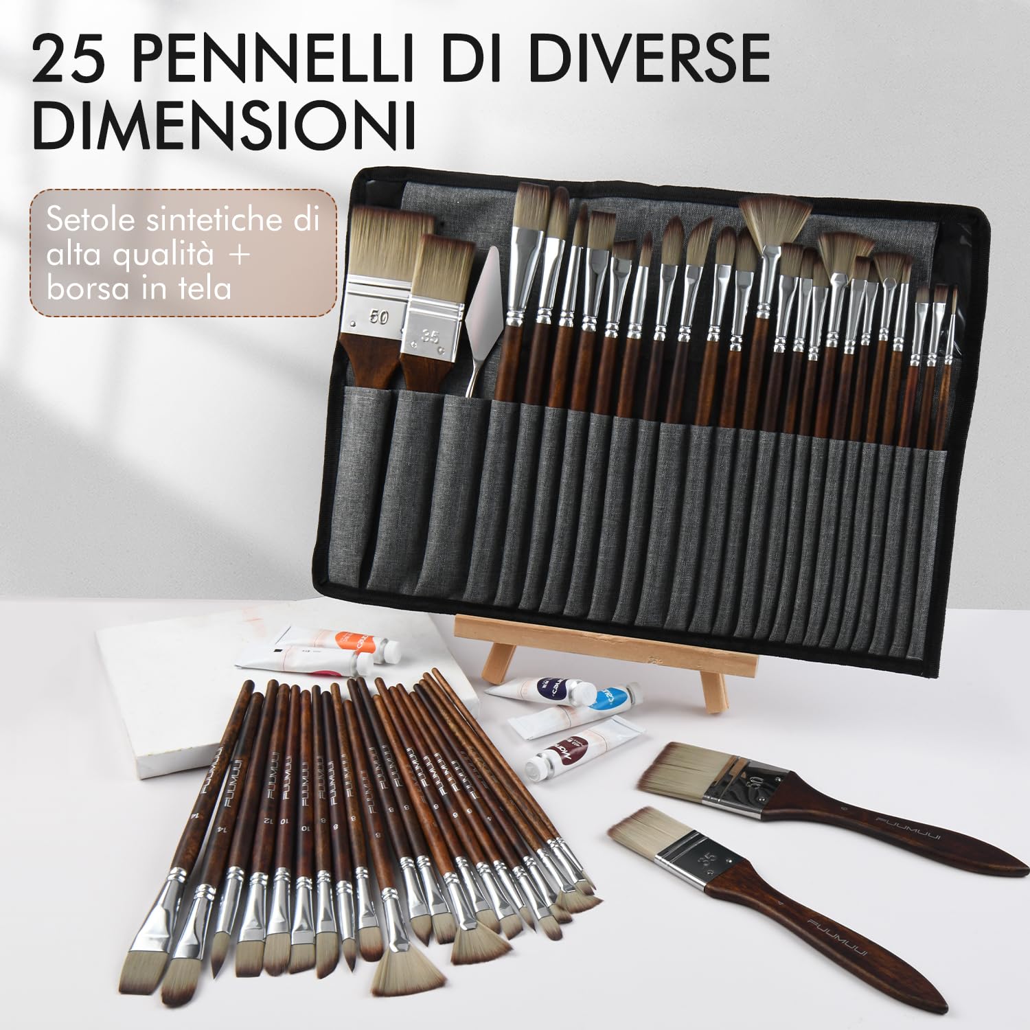 Set Pennelli Pittura Acrilica - 25 Pennelli Professionali Sintetici per Pittura Acrilico, Ad Olio, a Guazzo con borsa di tela e spatole per pittura | Pennello per Dipingere, Pennelli Pittura Olio