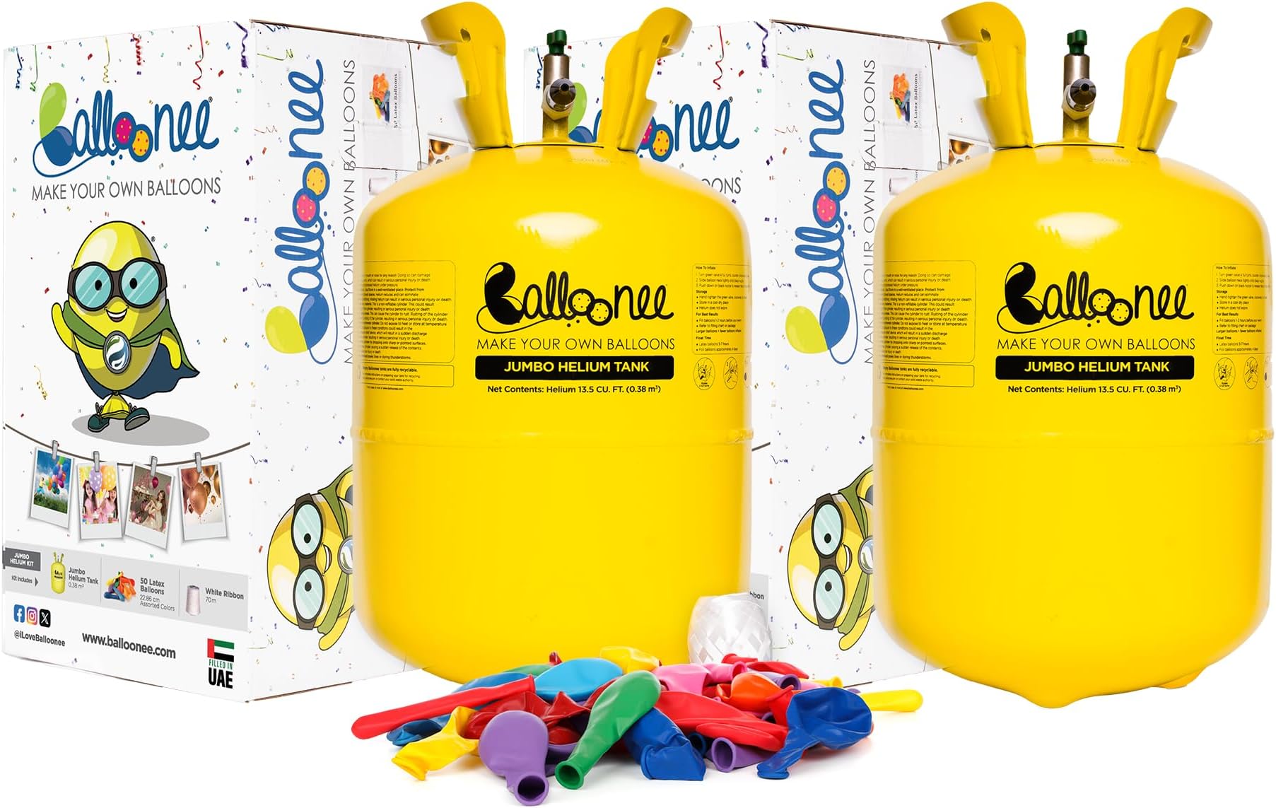 Balloonee Jumbo Disposable Helium Party Kit - Pack of 2, Helium Tank for Balloons At Home, 13.5 Cu Ft Helium Balloon Pump Kit with 100 Assorted Latex Balloons, Portable for Celebrations