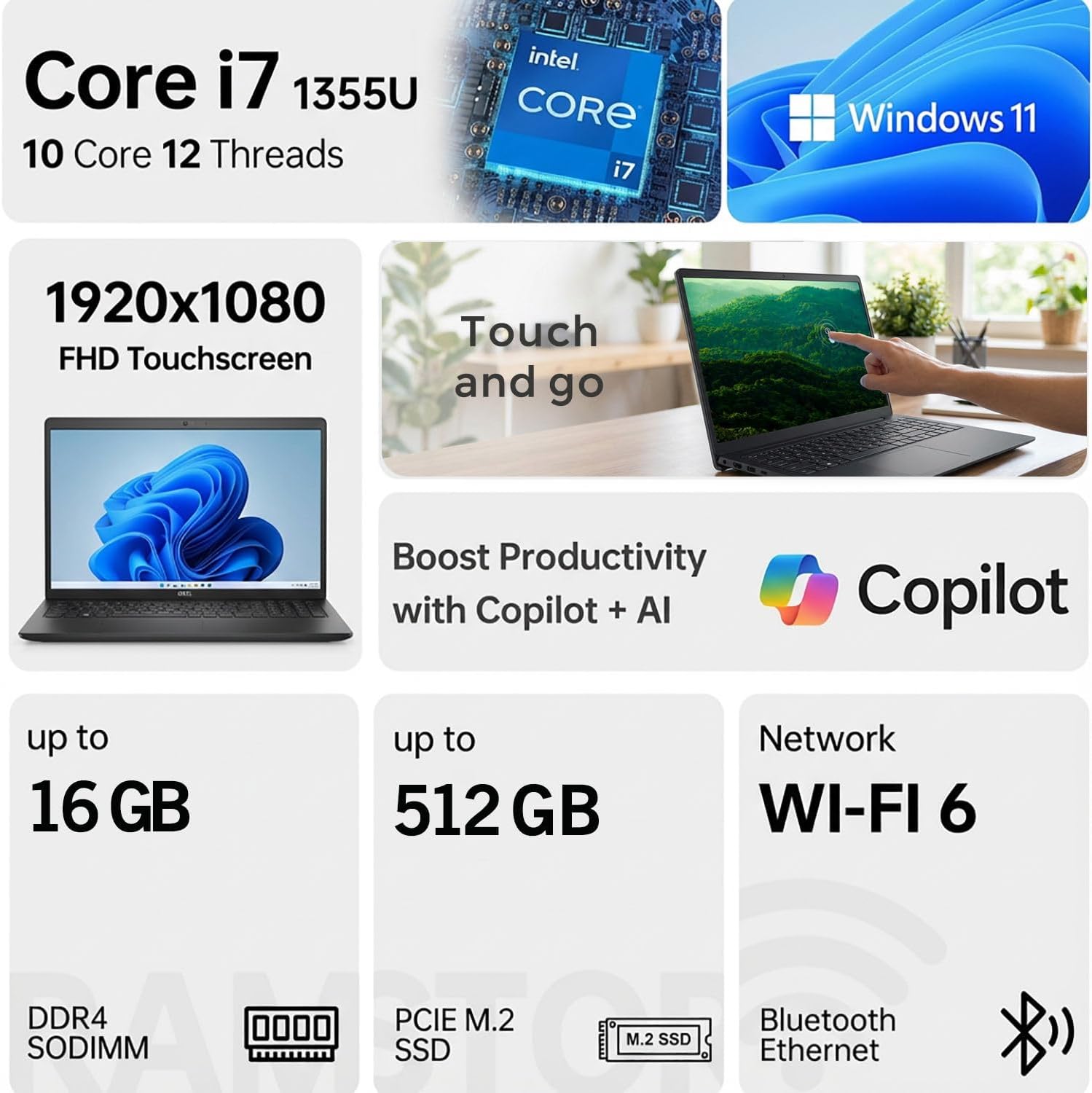 Dell 15.6" FHD Touchscreen Laptop, Intel Core i7-1355U, 16GB RAM, 512GB SSD, Wi-Fi 6 & Bluetooth, Copilot Ai, Windows 11, School, Business & Productivity, WOWPC Recovery USB