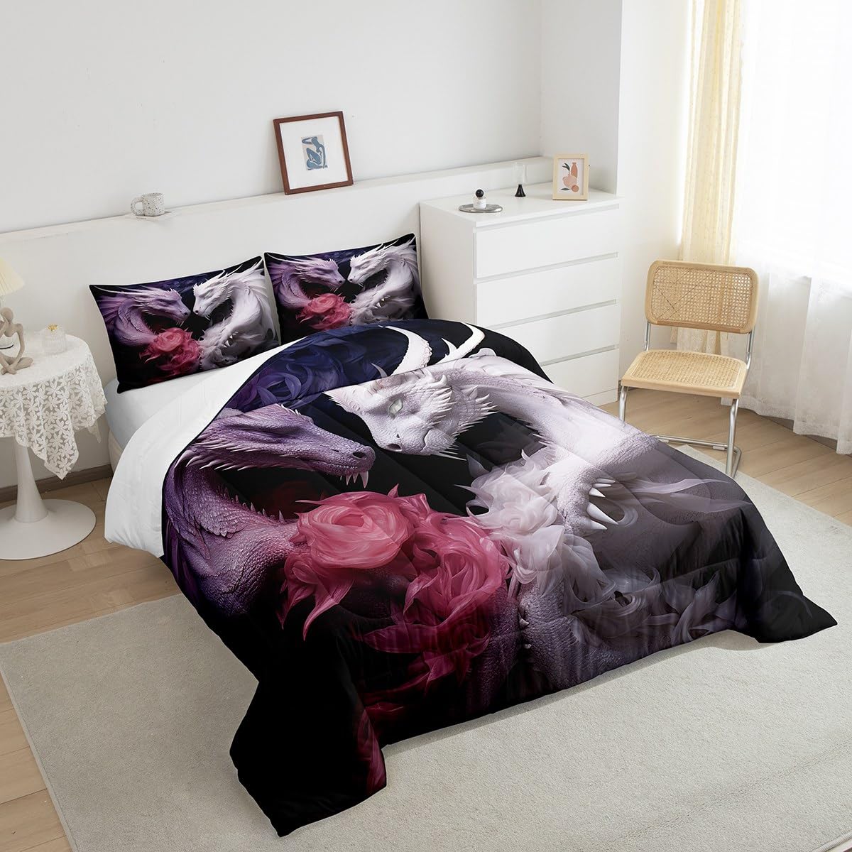 Castle Fairy Dragon Pattern Comforter Set,Purple White Dragon Bedding Set for Kids Girls Women,Adults Couple Dragon Comforter,Flowers Quilted Duvet Set Bedroom Collection Twin Size 2Pcs