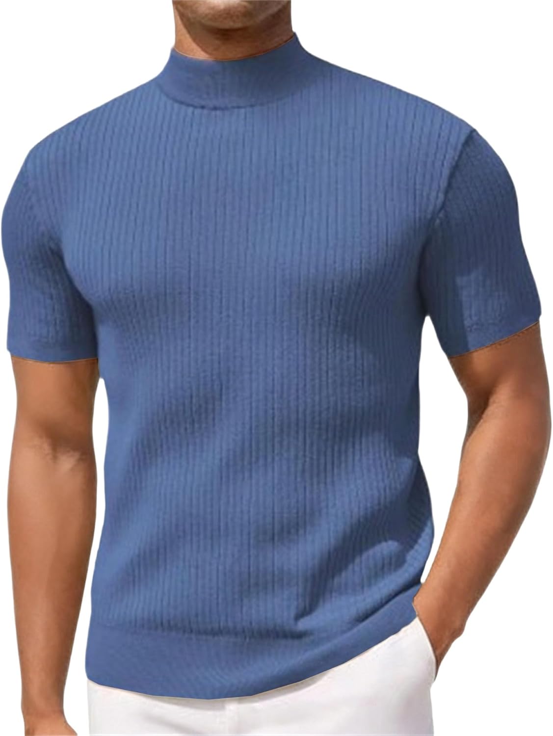 Men's Basic Turtleneck Short Sleeve Soft Sweater Ribbed Man Pullover Tshirt High Neck Rib Male Summer Tee