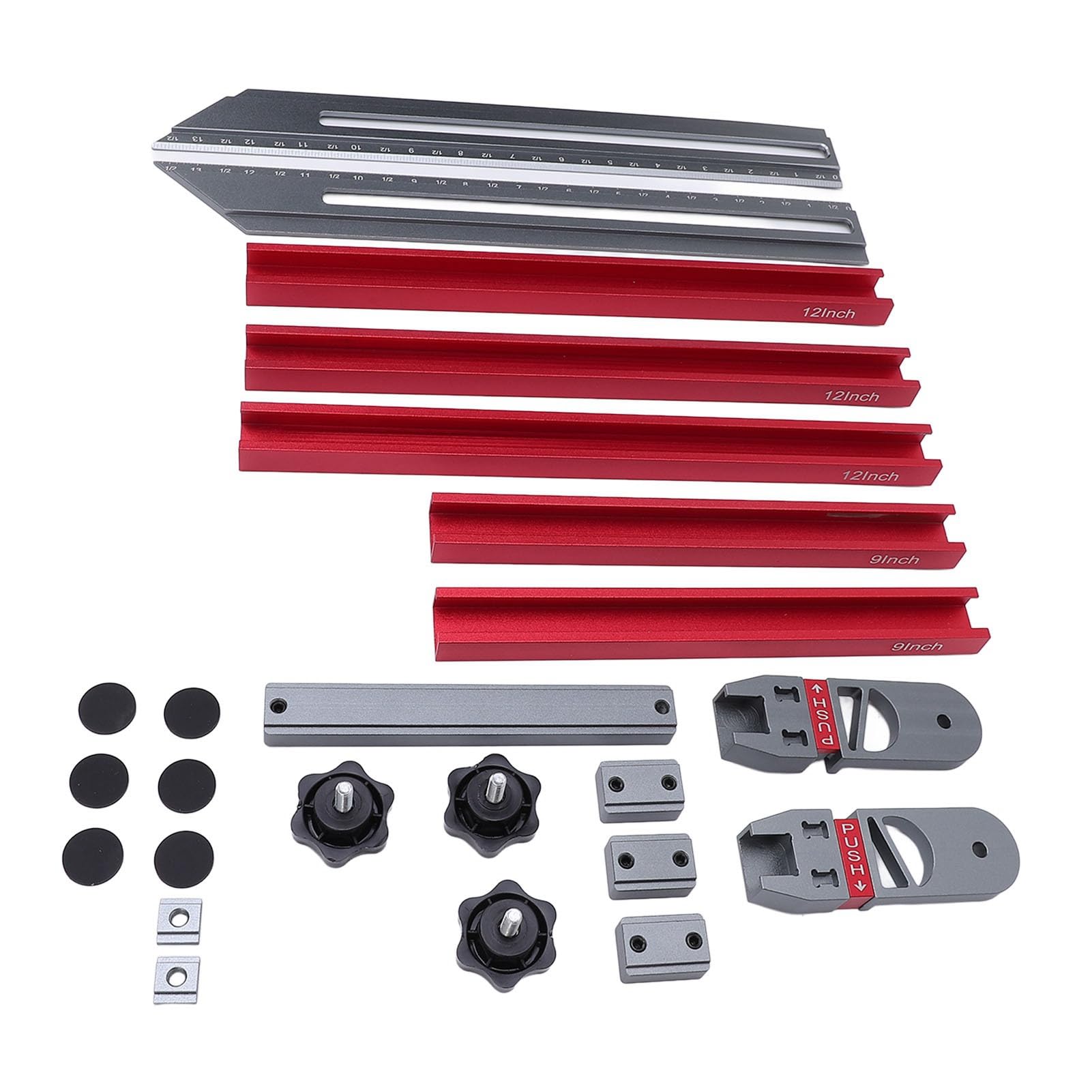 Calibrador para peldaños de escalera, aleación de aluminio, de 17,9 a 58,9 pulgadas; herramienta multifuncional de medición de peldaños con conectores deslizantes para trazar