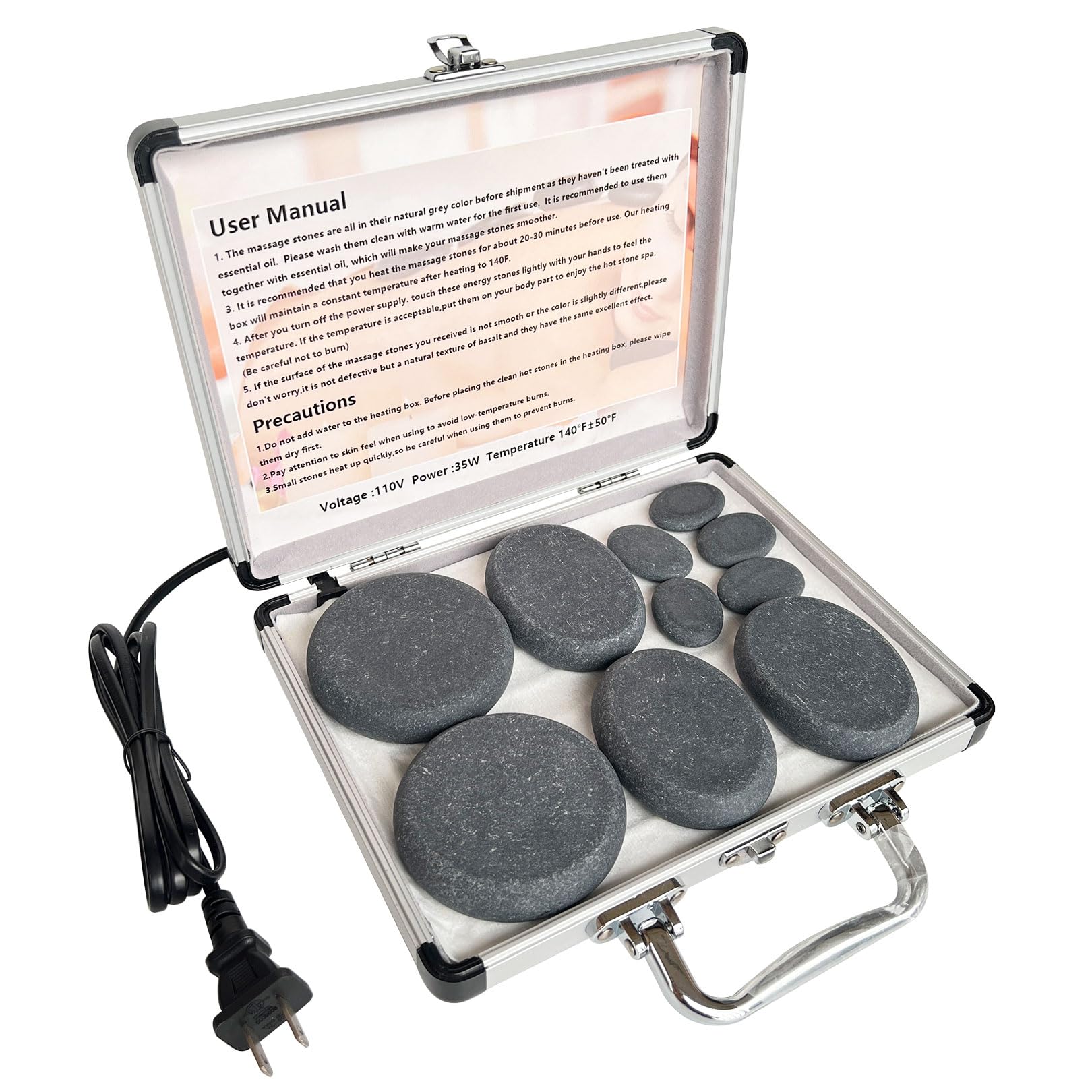 Juego de calentador de masaje de piedra caliente, 9 masajes de piedras calientes, kit de masaje de calentador portátil, piedra de masaje de basalto de piedra caliente para tratamientos de