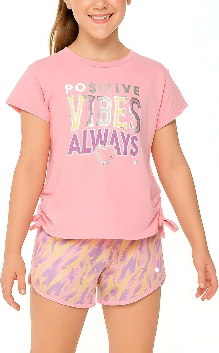 Girls 2 Piece Crewneck Short Sleeve T Shirts & Mesh Shorts Athletic Set