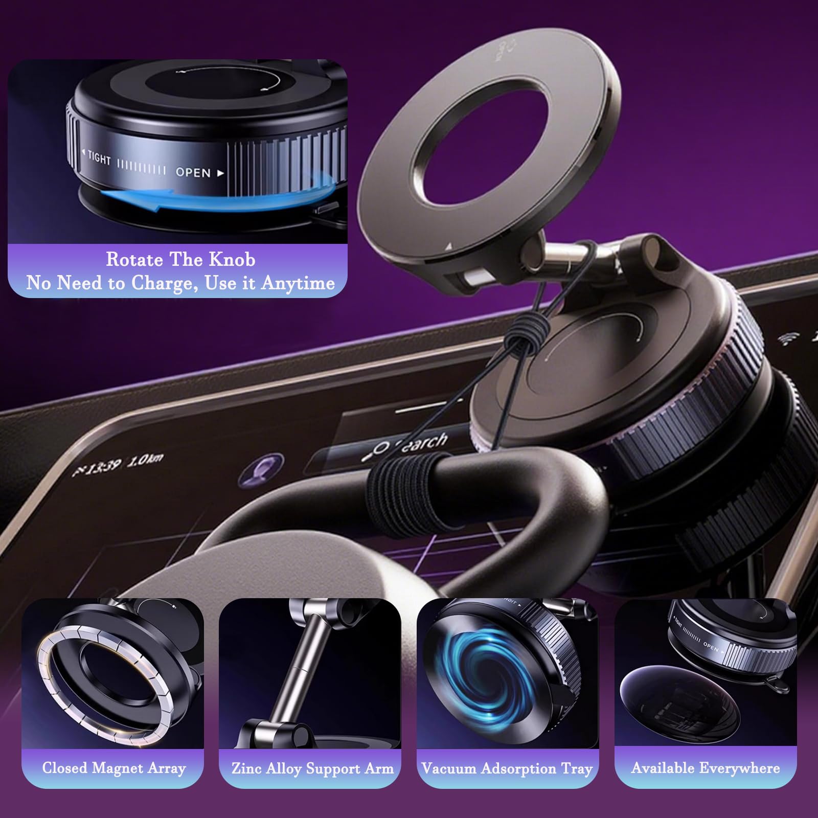Soporte magnético de succión de 360° mejorado para teléfono, plegable y reforzado, compatible con todos los teléfonos inteligentes para coche/gimnasio/espejo/superficie lisa (negro)