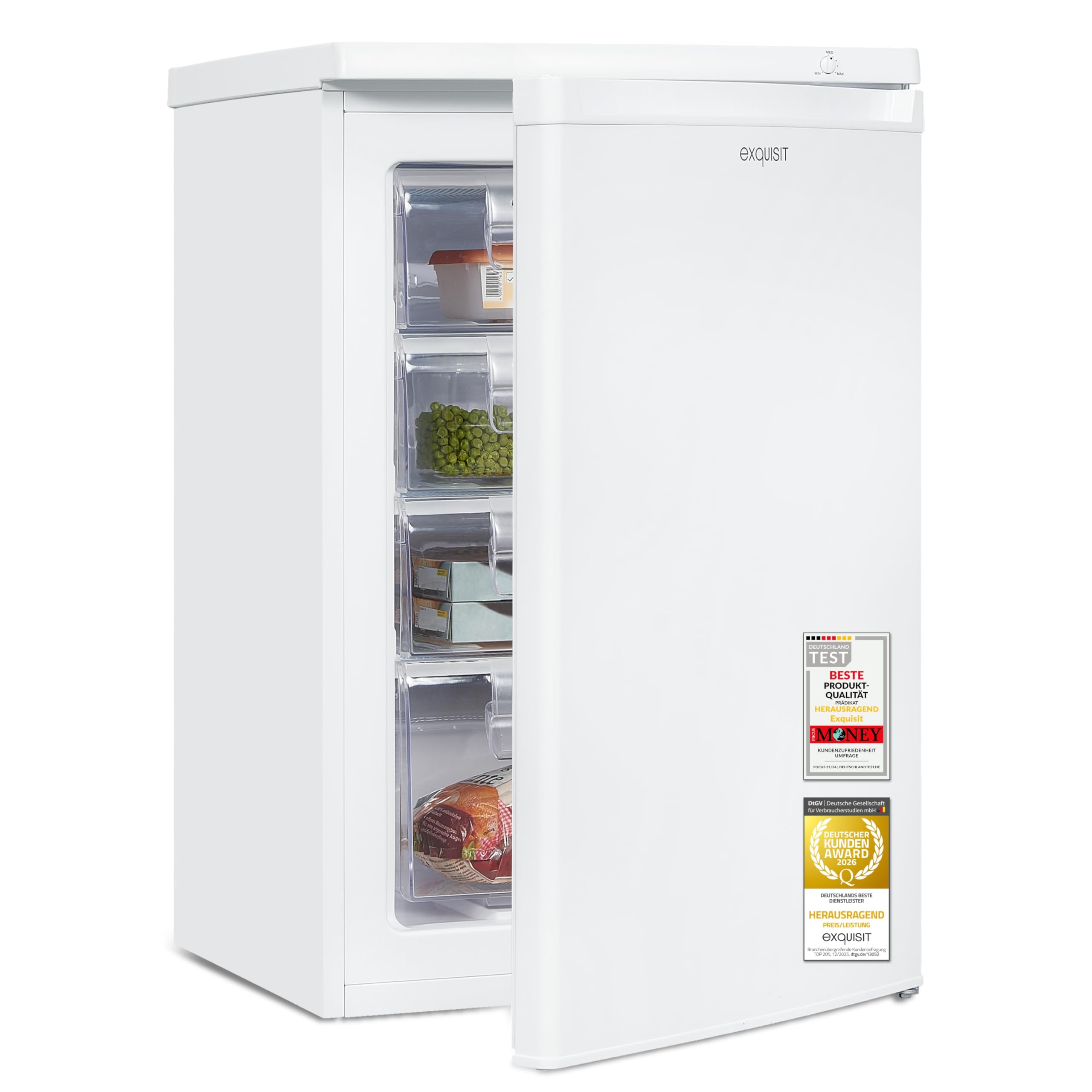 Exquisit Gefrierschrank | 91 l Nutzinhalt, Energieeffizienzklasse E, 40 dB(A) | kompakte Bauform, 4-Sterne-Gefrieren, manuelle Temperaturregelung, wechselbarer Türanschlag | GS512-040E weiss
