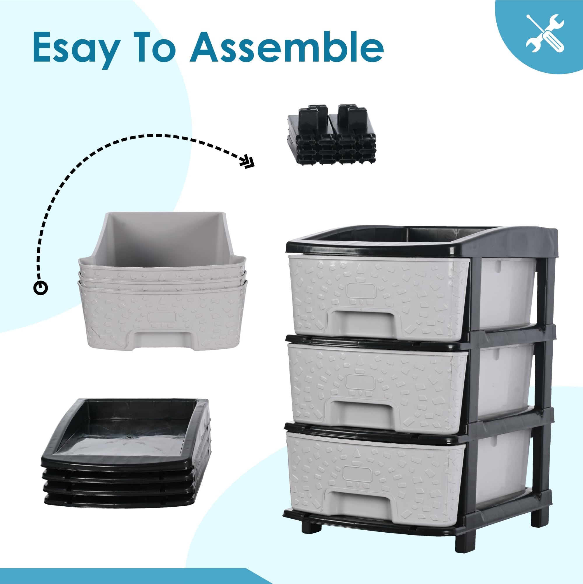 Kuber Industries 3-warstwowy i plastikowy organizer do przechowywania szuflad o pojemności 53 l, modułowy organizer do kuchni i zabawek do pokoju dziecięcego, czarno-szary