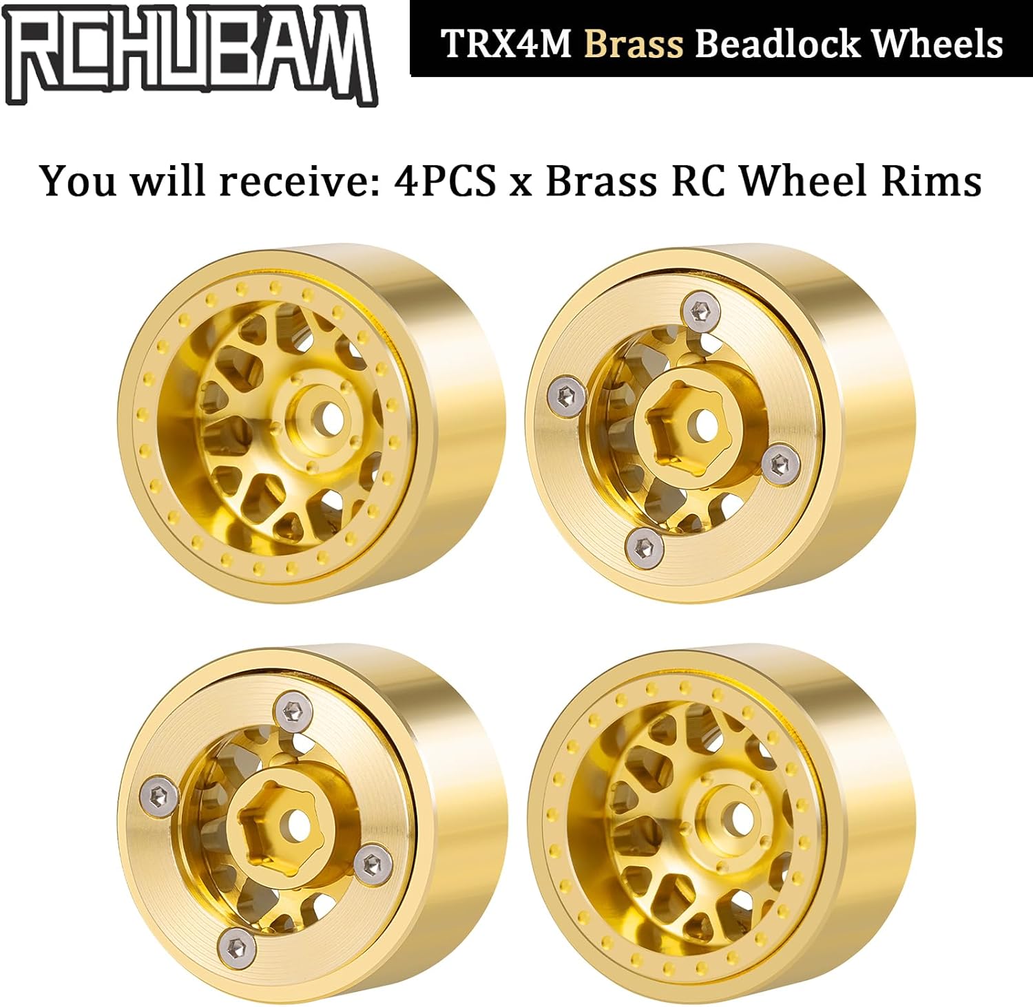RCHUBAM 1.1" Plus Brass Wheel Rims 241g TRX4M Beadlock Wheels Hub Counterweight Style HxW 32x16mm Compatible with TRX4M SCX24 1/24 1/18 Defender RC Crawler Cars Upgrades