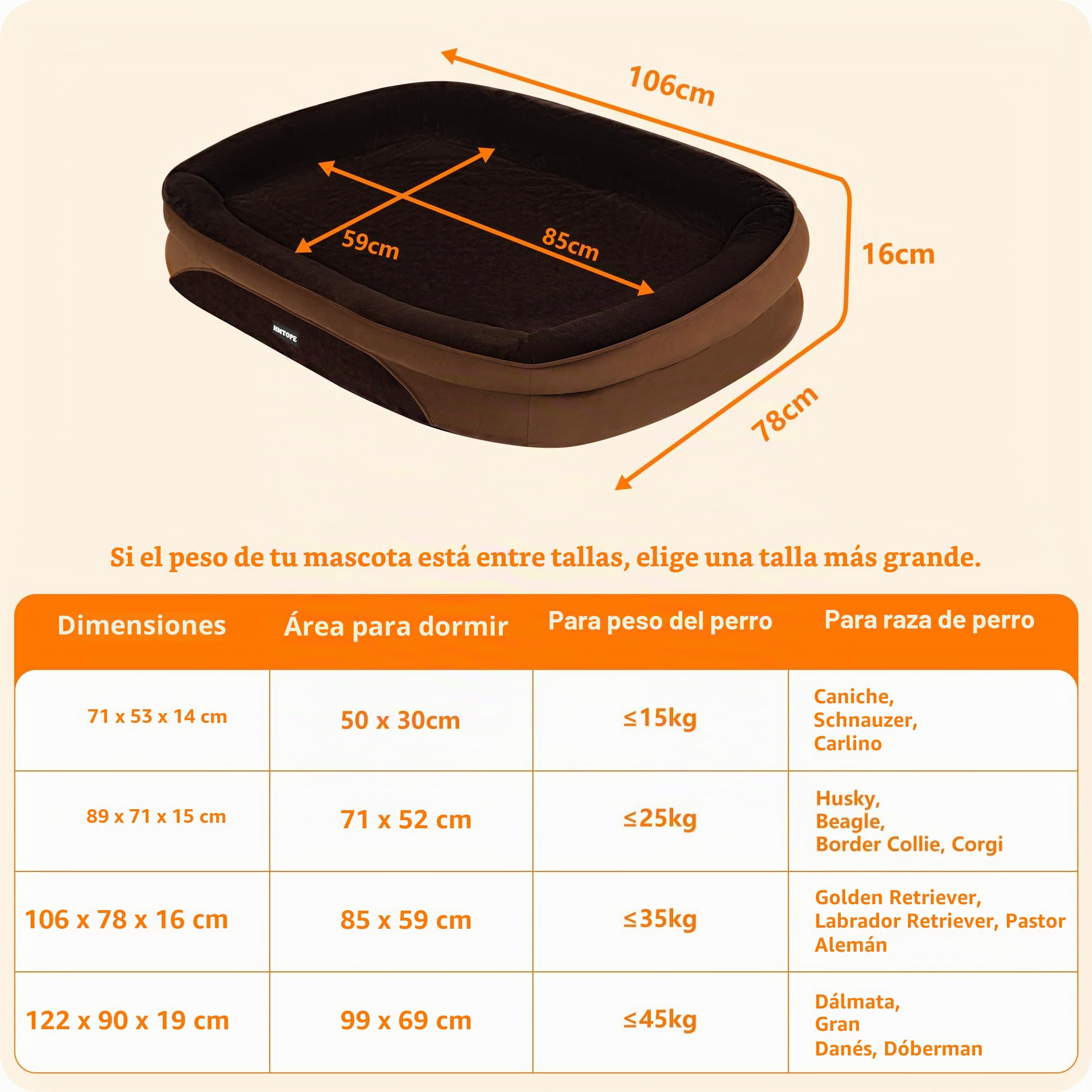 HMTOPE Cama ortopédica para perros, sofá para perros, cojín cervical de cuatro lados, base antideslizante, cesta para perros, extraíble y lavable, perros medianos y grandes, 106 x 79 x 17 cm, marrón