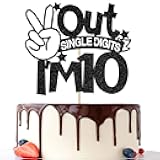 Out Single Digits I'm 10 Cake Topper, Double Digits 10, for Boys Girls 10th Birthday Decorations, Happy 10th Bithday Decorations Black Glitter