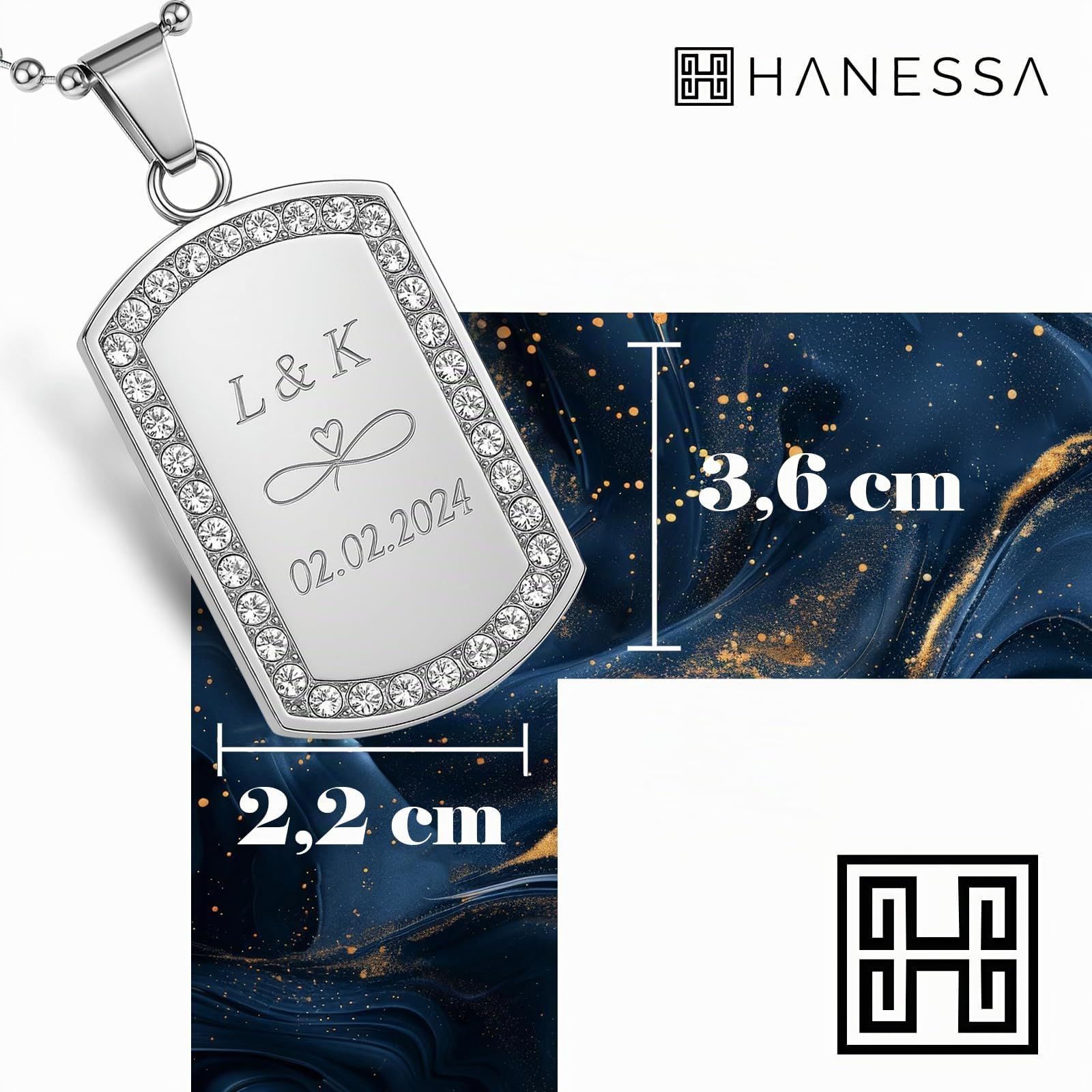 Personalisierte Kette mit Gravur Edelstahl 50 cm mit Anhänger Dog Tag mit Strass-Stein in silber - Personalisierte Halskette für Frauen - Personalisierter Schmuck Damen Kettenanhänger