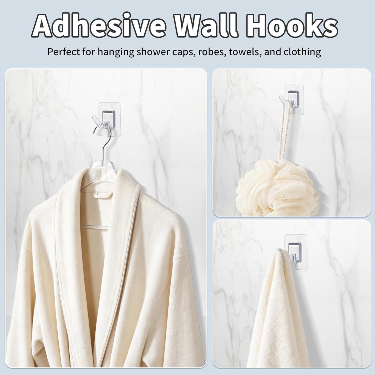 20 Pack Adhesive Wall Hooks for Hanging, Clear Adhesive Towel Coat Hooks, Damage Free Sticky Utility Hooks for Bathroom, Outdoor, Kitchen, Door