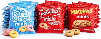 Fox’s Mini Biscuit Variety Pack 60 Count – Jammie Dodgers, Maryland Choc Chip & Party Rings Minis – Individually Wrapped Snack Packs – Ideal for Lunchboxes, Party & Kids