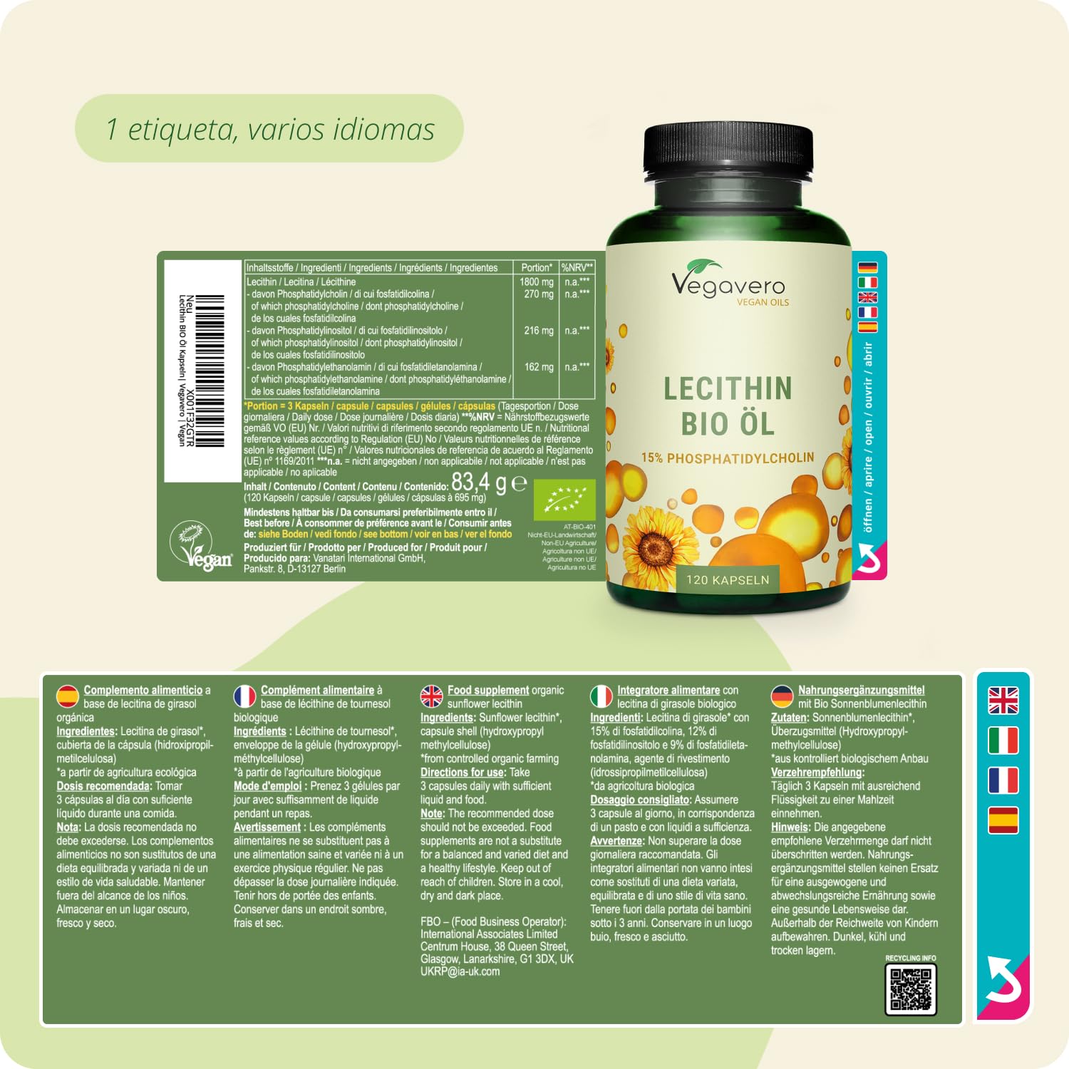 Lecitina de Girasol | 1800 mg de Sunflower Lecithin| Circulación| Vegano & Sin Aditivos| Probado en Laboratorio | Vegavero