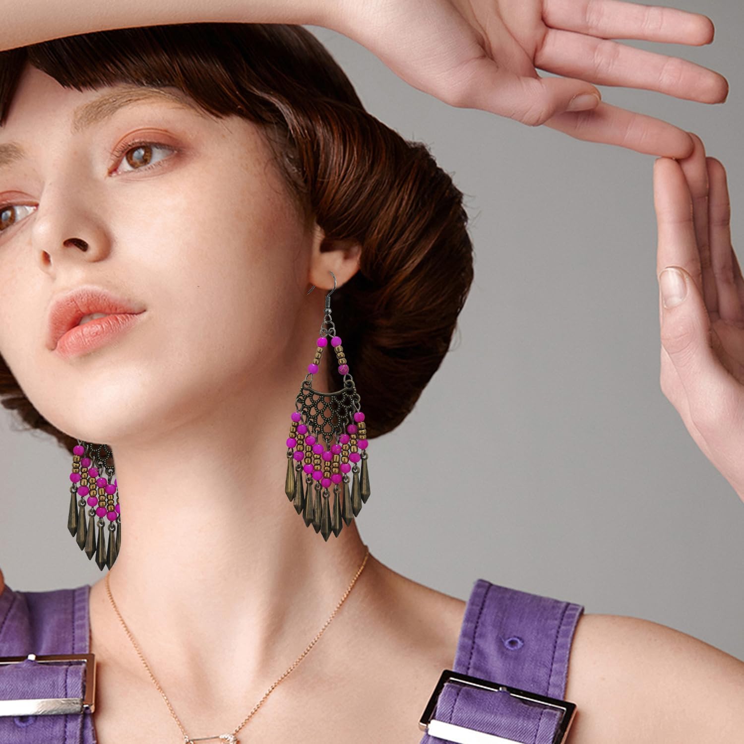 Handmade Vintage Bronze Bohemian Long Tassel Colorful Bead Dangle Drop Earrings Big Tribal Chandelier Geometry Hook Earrings for Women Statement Jewelry Gifts - Image 6