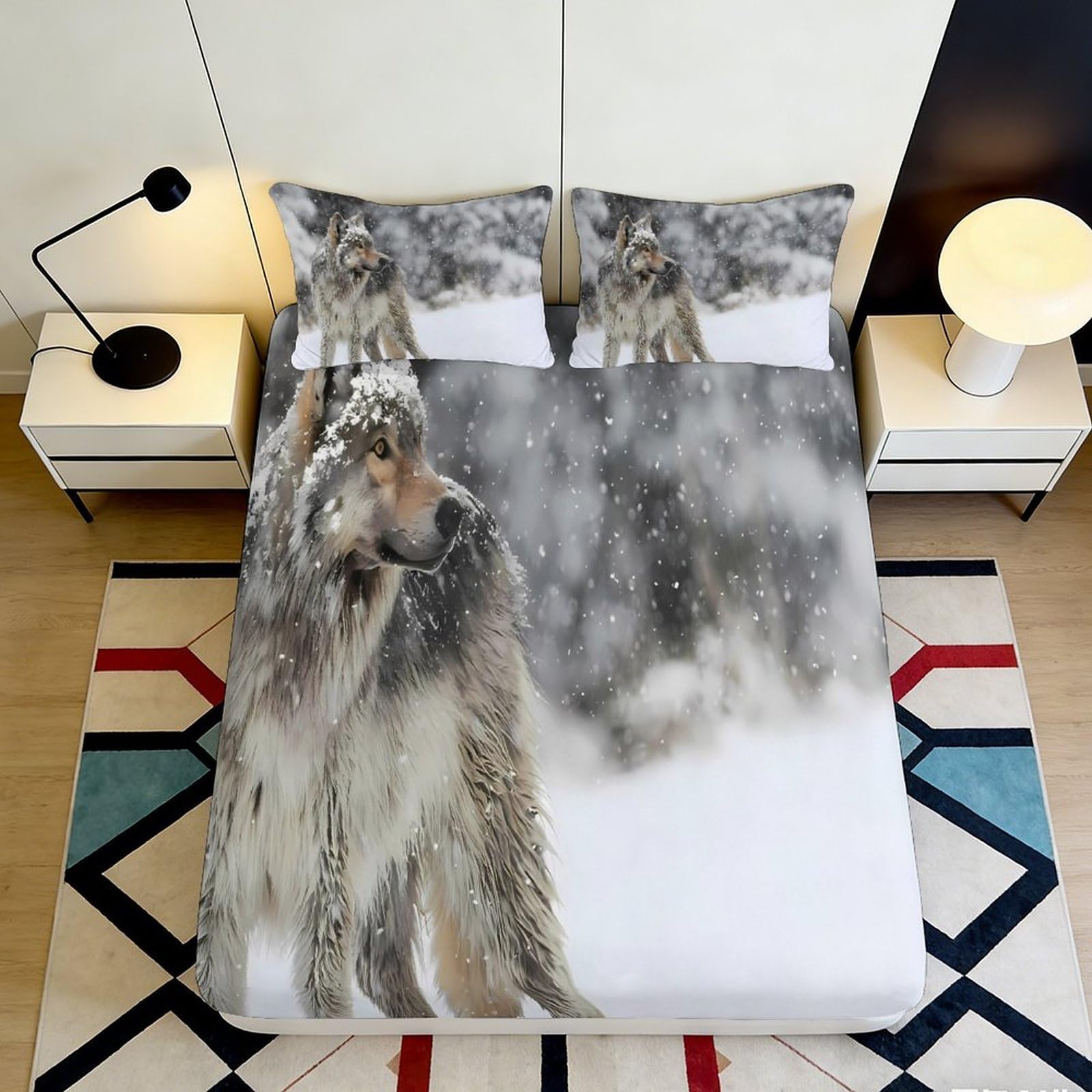 3D Printed Wolf Forest Fitted Sheet Microfiber Soft Breathable Snowy Wilderness Mattress Cover Bedroom Decor 90x200x25cm