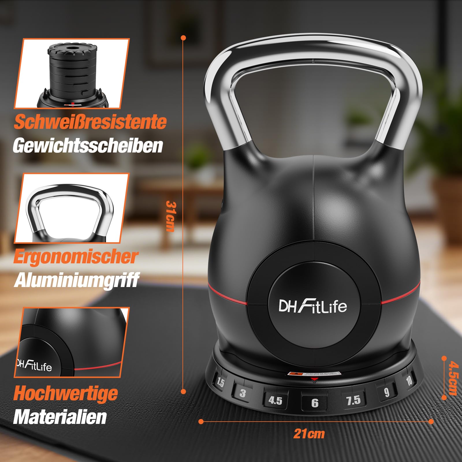 DH FitLife 7-in-1 Verstellbare Kettlebell Set (1.5-10kg) | Kugelhantel mit 7 Gewichtstufen | Kurzhanteln für Heimtraining & Fitness | Ideal für Ganzkörpertraining | Kompakt & Platzsparend Fitness-Set