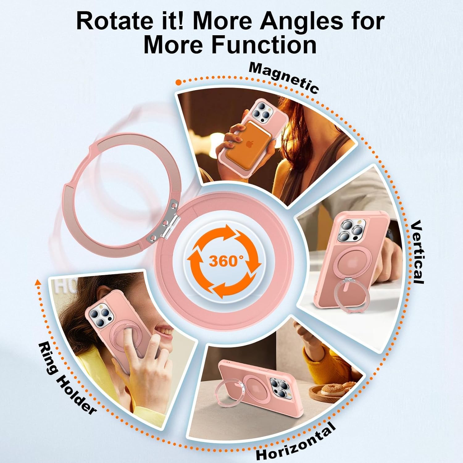 360° Magnetic Swivel Ring for iPhone 14 pro case, Built-in Metal Stand and Ring Holder, Magsafe Compatible, Military Grade Protection, Shock and Vibration Resistant- Pink - Image 3