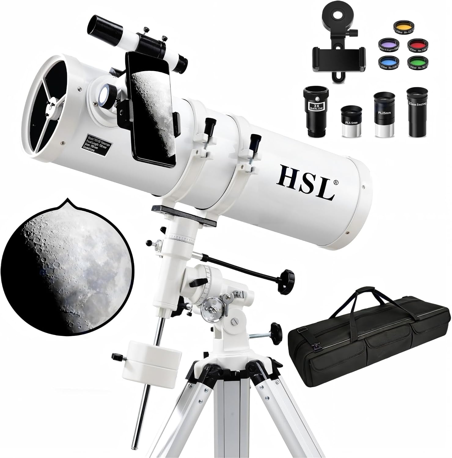 HSL Telescope 150EQ Astronomical Professional Telescope for Adults High Powered,750mm focal length Reflector Astronomy Telescopes for Beginners,Comes with Phone Adapter,5 color Filter and Carrying Bag