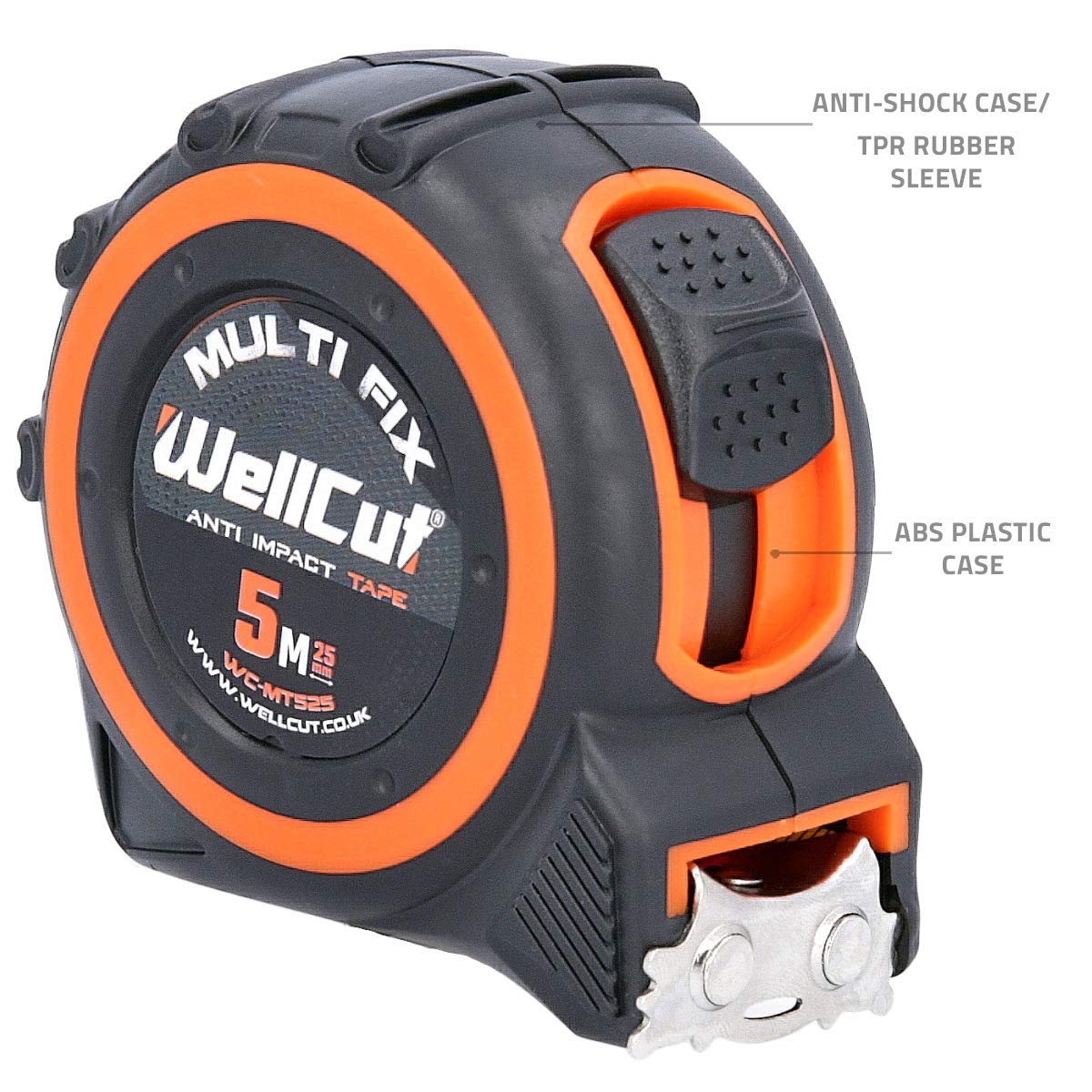 Wellcut Mètre ruban professionnel rétractable - Mètre ruban magnétique - 5 m - 25 mm de large - Système Multifix - Clip de ceinture en métal - Noir/orange