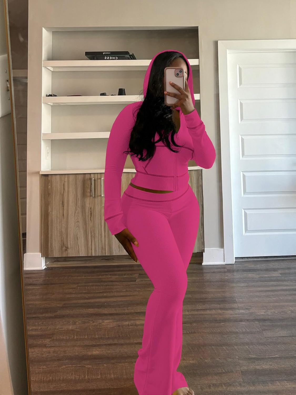 Mrskoala Womens Outfit 2 Piece Lounge Hoodie Flare Pant Sets Tracksuit Rosepink XXL - Image 4