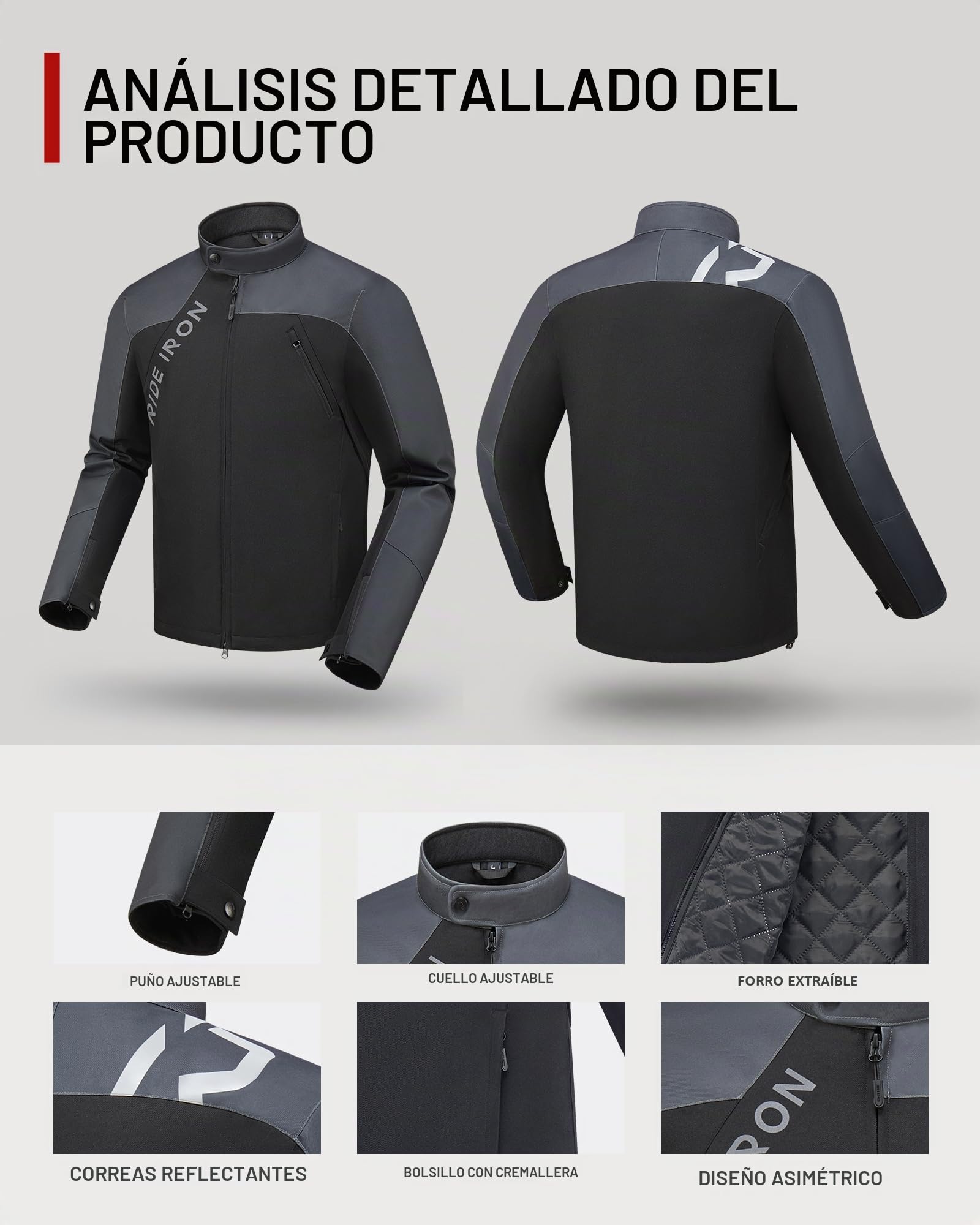 RIDEIRON Chaqueta Moto Hombre con Protecciones CE – Logo Reflectante, 4 Bolsillos, Chaqueta Motociclista 4 Estaciones Transpirable con Forro Térmico Extraíble M-XXL