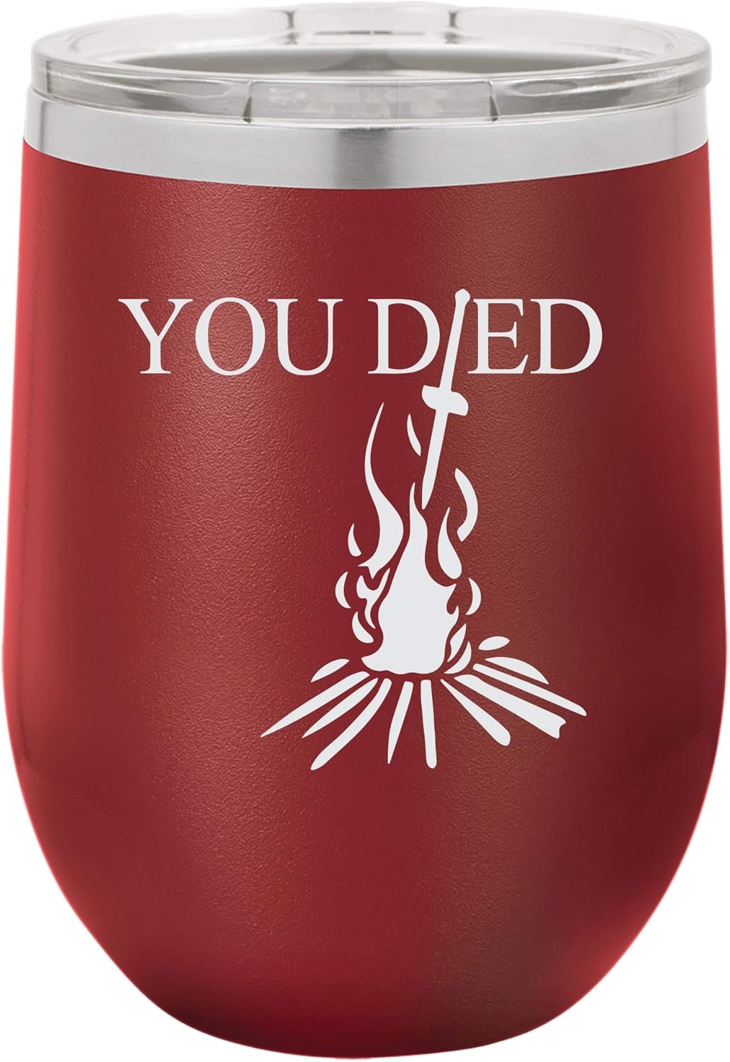 "You Died" Video Game Souls of the Dark Bonfire Design Engraved Insulated Stainless Steel Wine Tumbler, 12 Oz., Maroon