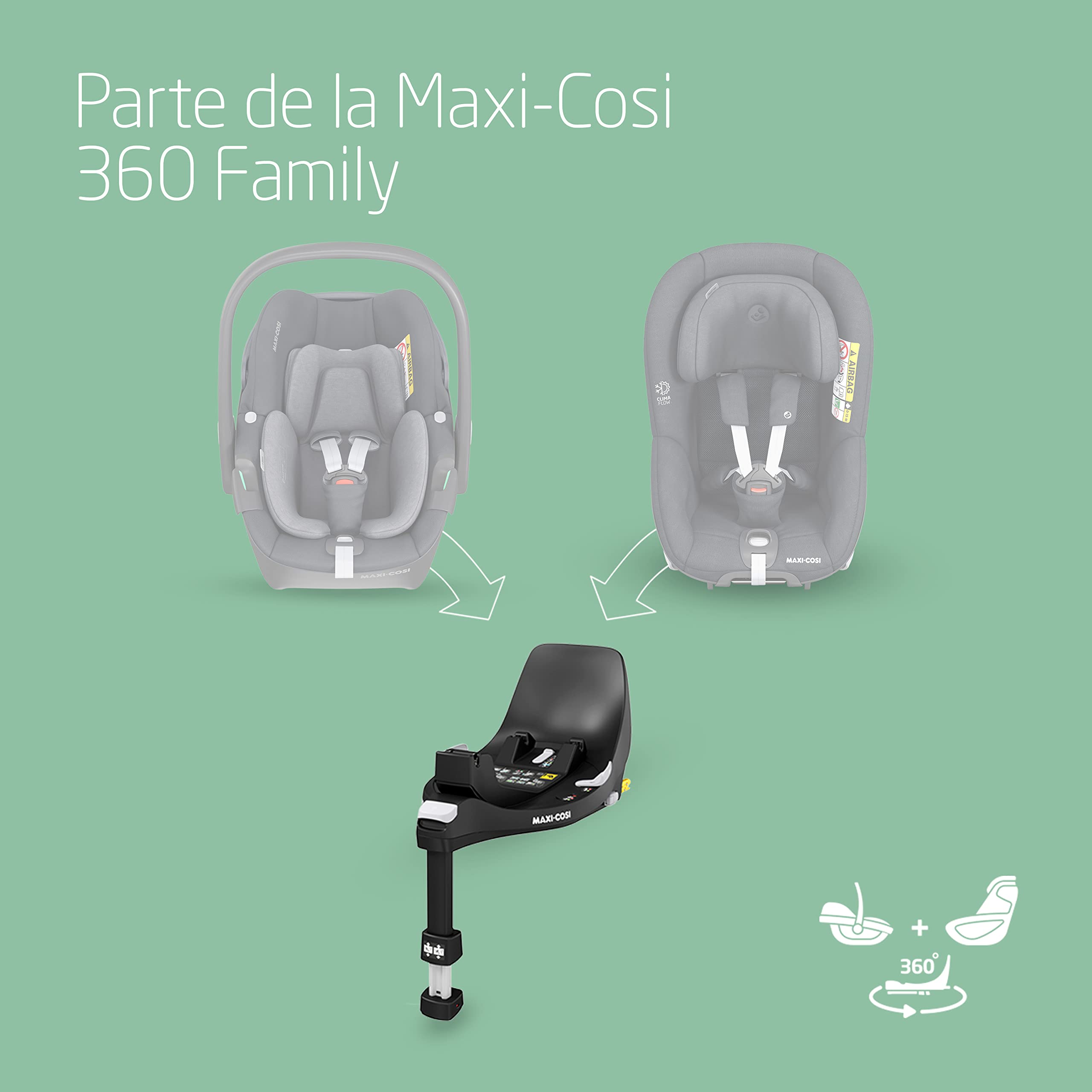 Maxi-Cosi FamilyFix 360 i-Size, Base ISOFIX Giratoria 360, Sistema de Silla Coche Giratorio, de 0 a 4 años (40-105 cm), giro FlexiSpin con una mano, control de giro TravelSafe, Click & Go, negra