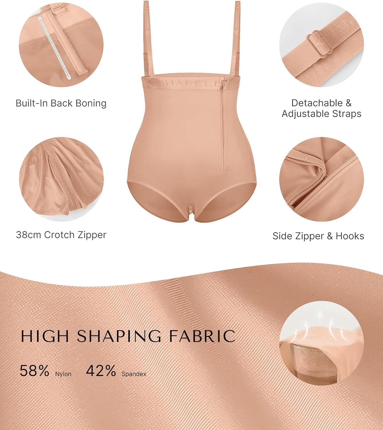 SHAPELLX High Waisted Shapewear Tummy Control Bodysuit with Side Zipper | Tummy tuck compression garment,tummy control panties,waist snatching,under dresses,detachable straps,open bust