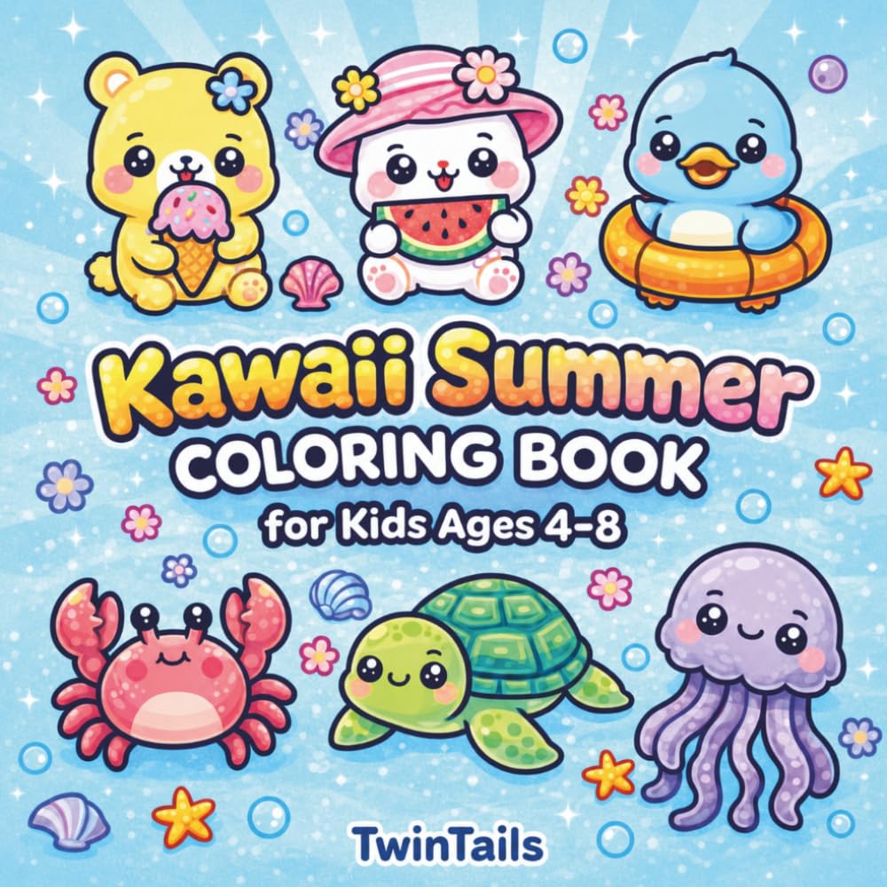 Kawaii Summer Coloring Book: 50 Bold and Easy Cute Animal Designs for Beginners, Toddlers, and Preschoolers
