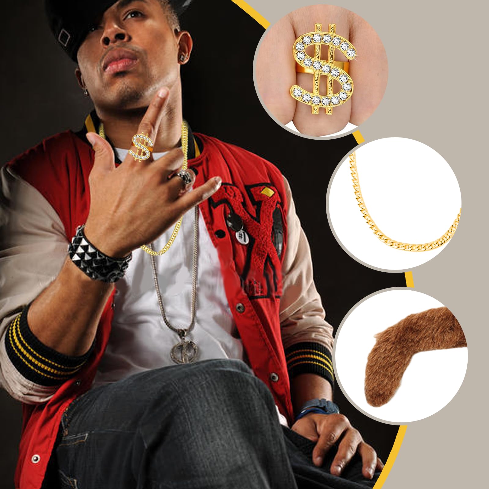 WanderGo 80s 90s Hip Hop Costume, 6Pcs Unisex Adult Rapper Accessories with Chinese Character Ring - Image 4